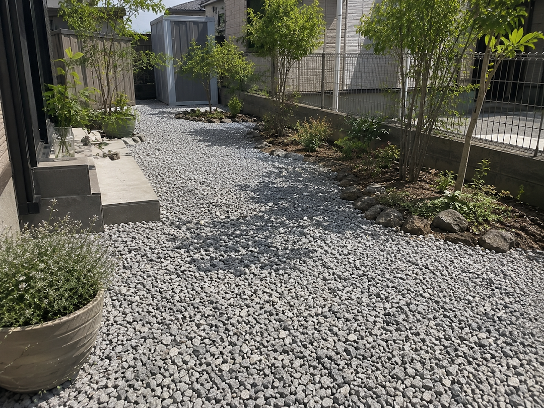 植栽と砂利面が調和したDIY庭づくりの完成イメージ