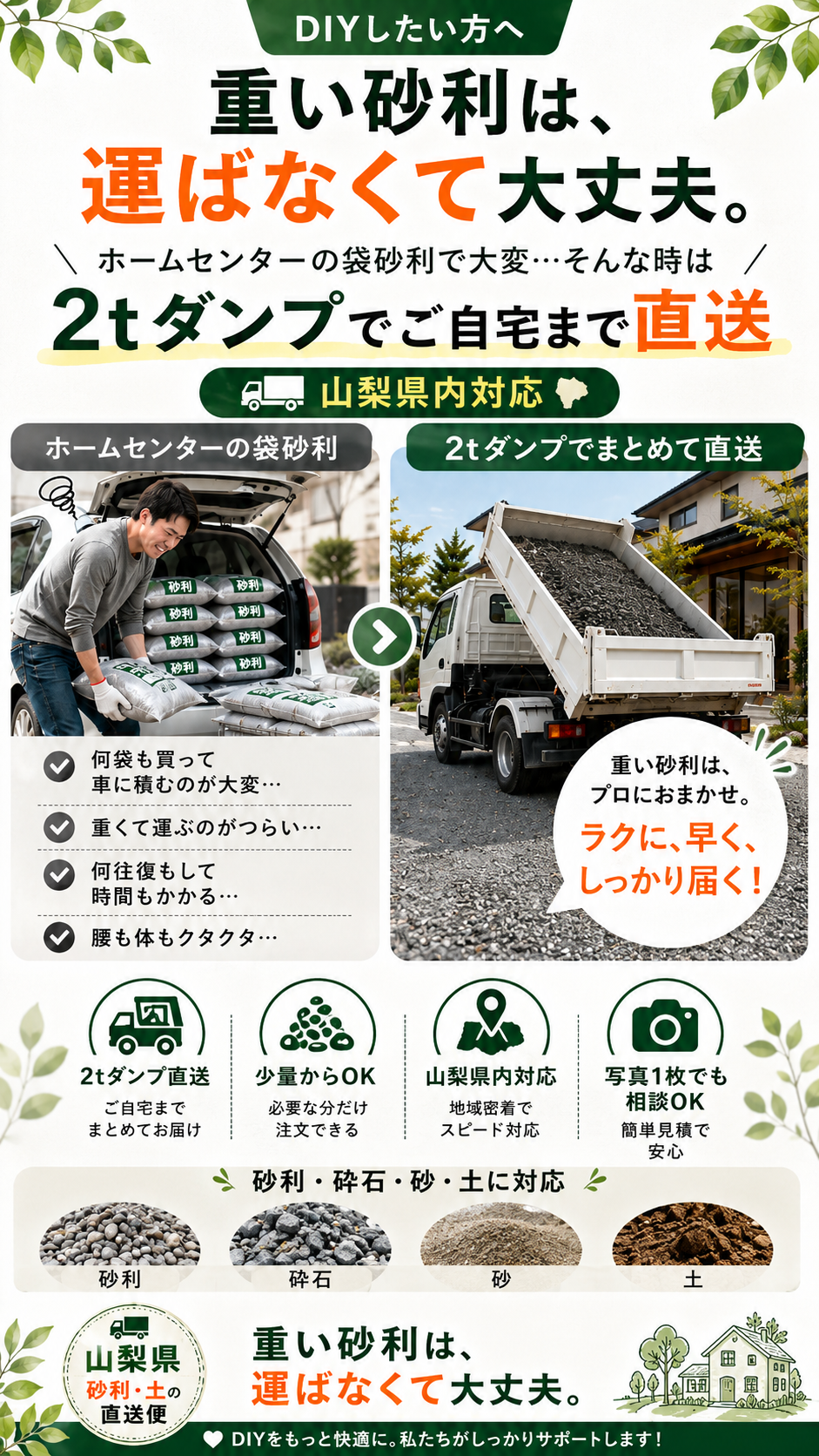ホームセンターの袋砂利運搬と2tダンプによる砂利直送の比較