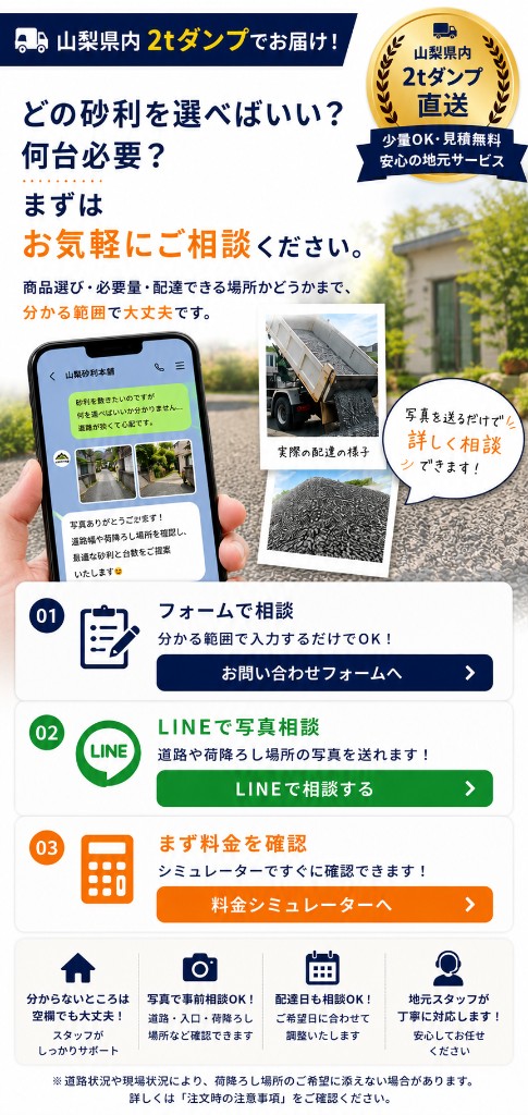 砂利の選び方・必要台数・配達についてお気軽にご相談ください