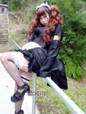 黒猫耳和風メイド コスプレ。3