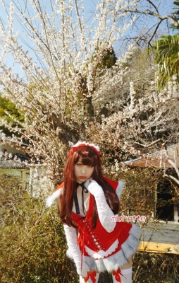 ファー付き赤メイド コスプレ。4